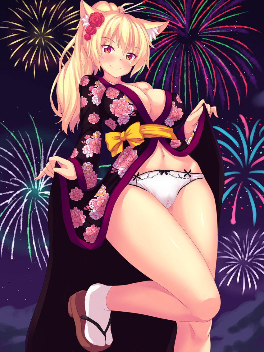 animal ears, breasts, cameltoe, cleavage, female, kimono, panties, pussy, tiffy, tiffynyaa, white panties