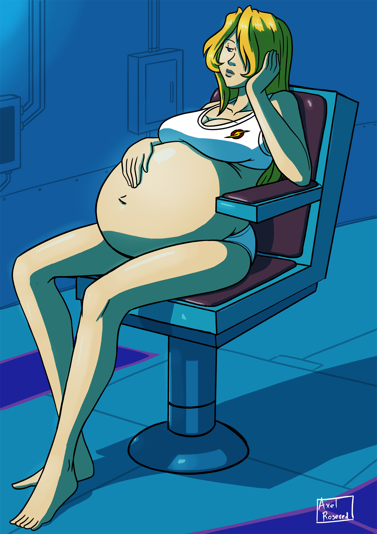 1girls, alternate costume, axel-rosered, belly expansion, big belly, blonde hair, blue eyes, bored, breasts, chair, expansion, female, female only, hand on belly, hand on stomach, large breasts, leaning on elbow, long hair, metroid, nintendo, pregnant, ready to pop, samus aran, sitting, solo, solo female, spaceship, tired, underwear, yellow hair