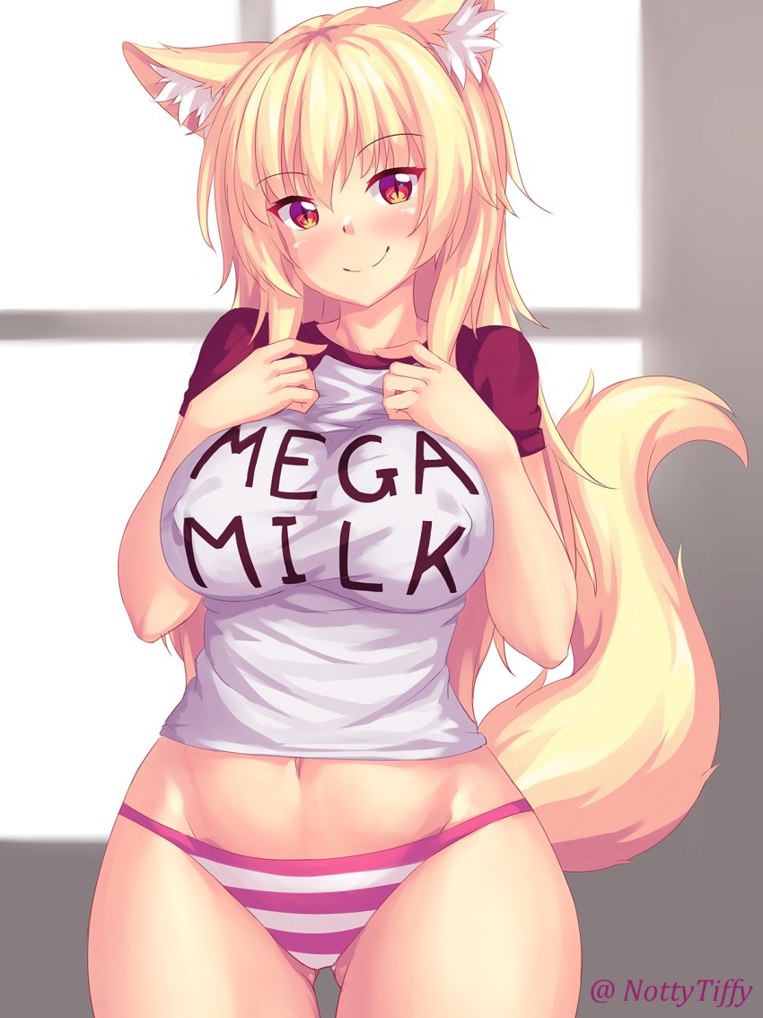 animal ears, female, female only, mega milk, no pants, panties, striped panties, tail, tiffy, tiffynyaa