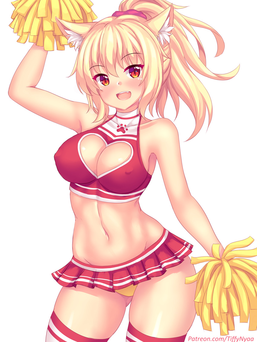 animal ears, breasts, cheerleader, cleavage, cleavage cutout, erect nipples, erect nipples under clothes, female, microskirt, miniskirt, nipples, panties, tiffy, tiffynyaa, yellow panties