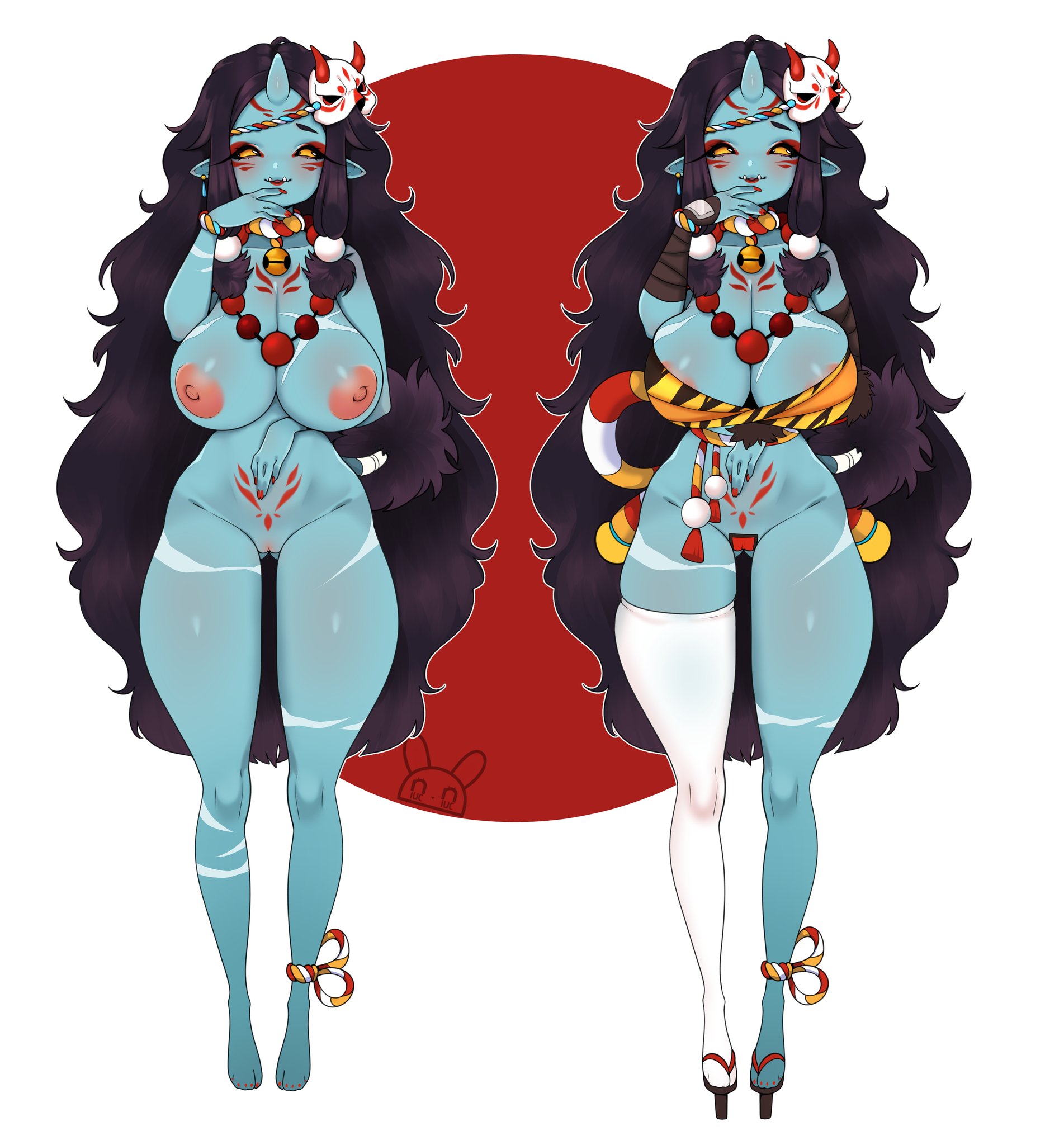 1girls, areolae, barefoot, big breasts, black hair, black sclera, blue skin, breasts, clothed, clothing, feet, female, female only, horn, long hair, mask, model sheet, monster, monster girl, nipples, niucniuc, nude, oni, pointy ears, pussy, skimpy, solo, very long hair, yellow eyes