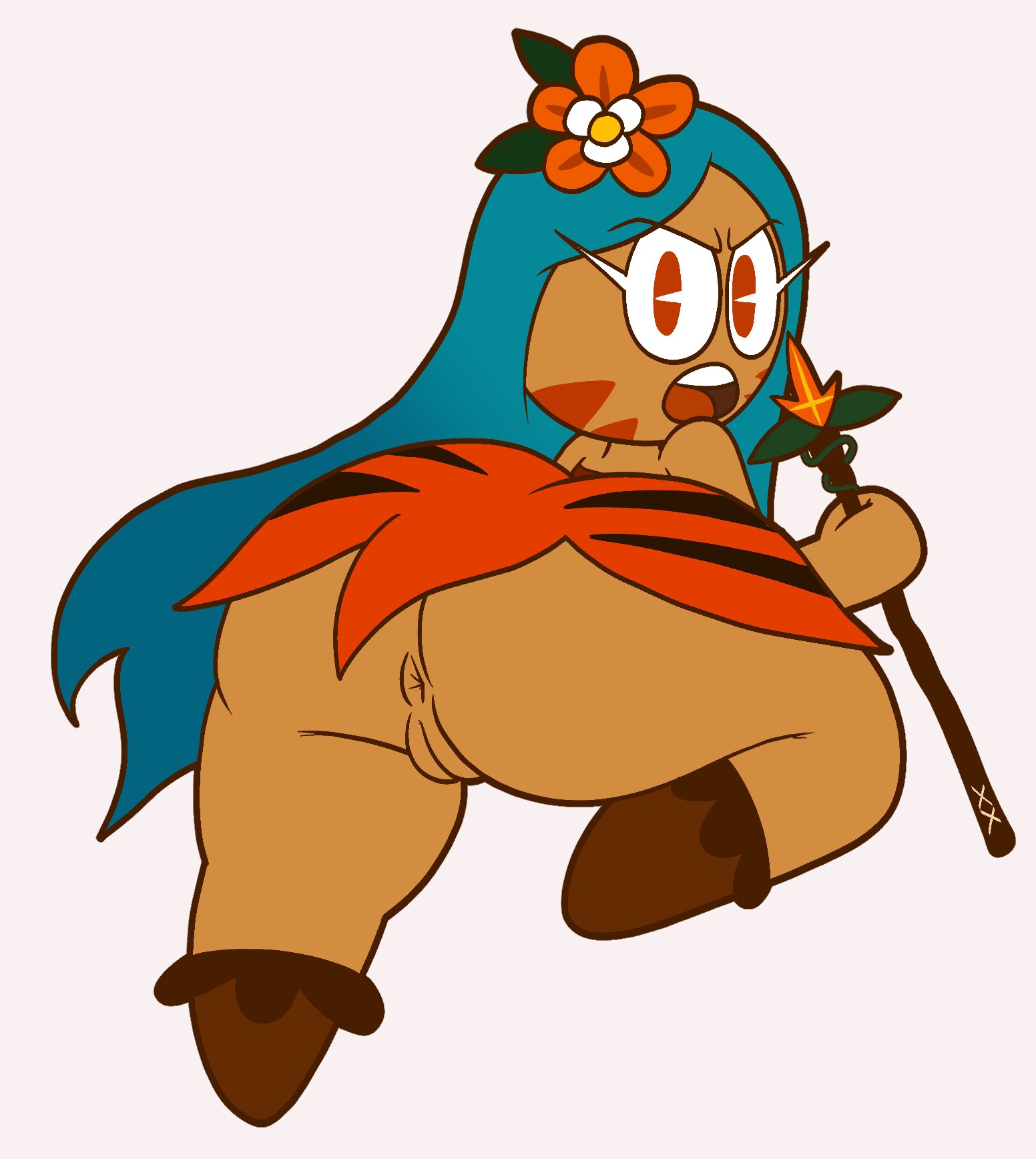 1girls, 2021, angry, anus, ass, badguynek, big ass, bottom heavy, bottomless, bottomless female, clothed, clothed female, clothing, cookie, cookie run, cookiephilia, cute, dark skin, dark-skinned female, exposed anus, exposed ass, exposed pussy, female, female only, flower in hair, huge ass, looking at viewer, looking back, mostly clothed, no panties, one leg up, orange eyes, pac-man eyes, partially clothed, plain background, pussy, staff, tiger lily cookie, turquoise hair, upskirt, white background