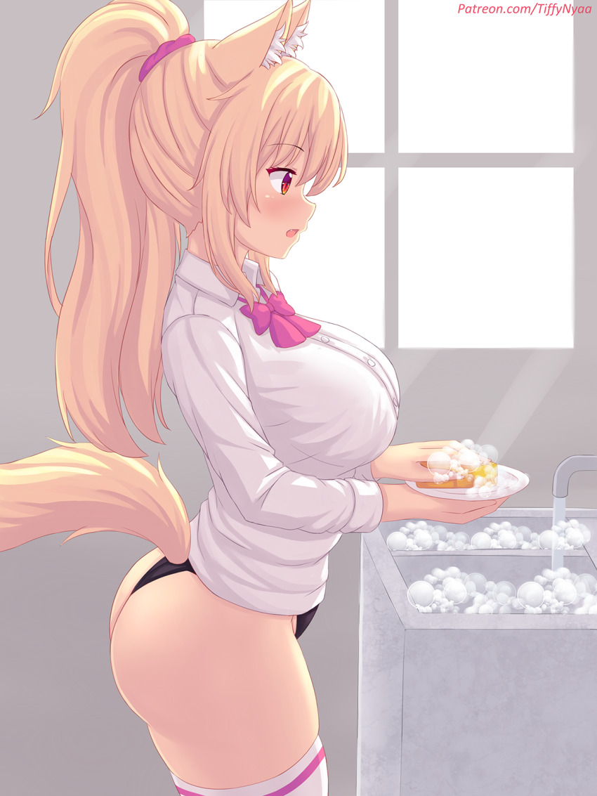 animal ears, ass, black panties, no pants, panties, tail, thighhighs, tiffy, tiffynyaa