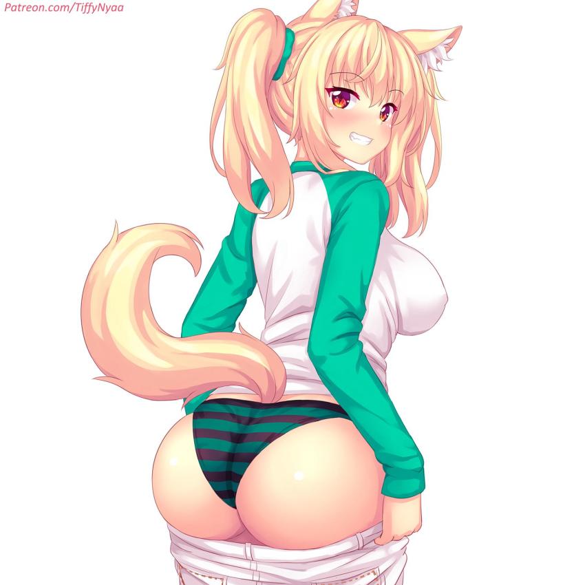animal ears, ass, panties, pants down, pants pull, striped panties, tail, tiffy, tiffynyaa