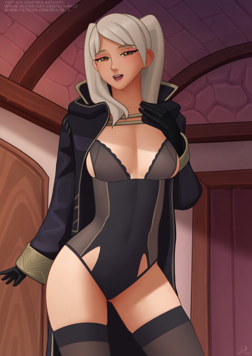 1girls, black gloves, black legwear, breasts, brown eyes, coat, deilan12, female, female protagonist, fire emblem, fire emblem awakening, gloves, looking at viewer, medium hair, nintendo, open mouth, open smile, robin (fire emblem), robin (fire emblem) (female), sideboob, smile, solo, solo female, thighhighs, thighs, twintails, white hair
