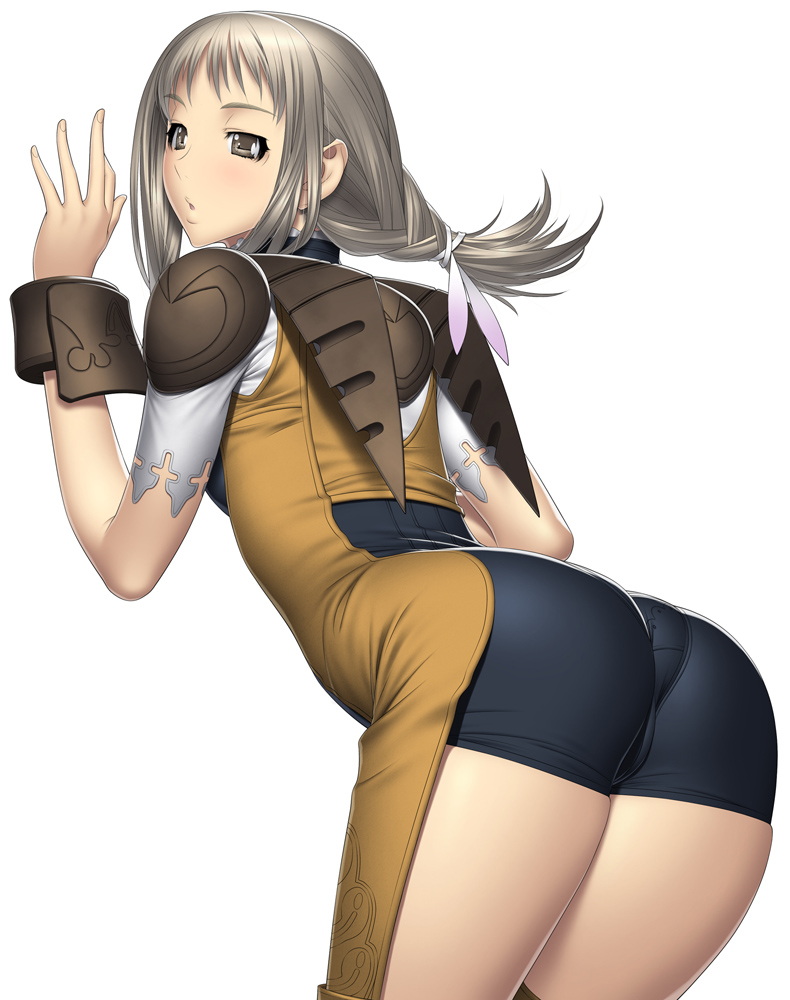 beige_skin bent_over blush braid brown_eyes brown_hair clothes color female female_only final_fantasy final_fantasy_xii hair human hume kansuke looking_back penelo pout round_ears skin_tight solo tan_hair tied_hair twintails white_background