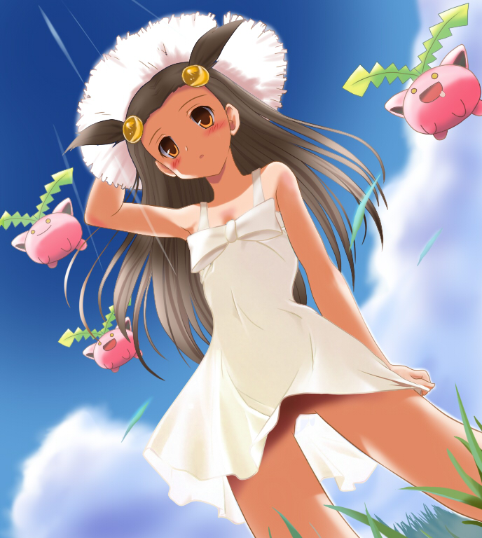 blouse blush grass hat hoppip jasmine_(pokemon) no_panties pokemon q-v_(levia) upskirt white_dress yellow_eyes