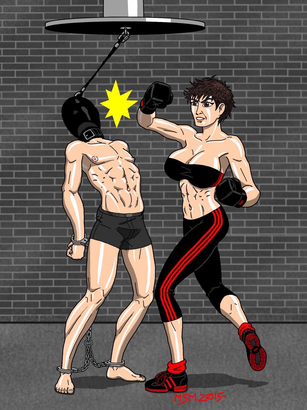 ball_hood beating boxing boxing_gloves boxing_ring fighting malesub muscular_female muscular_male punch punching punching_bag redspider2008 speed_bag