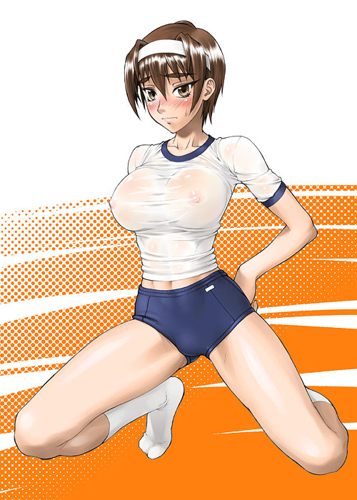 azusa_kashiwagi bang-you blush brown_eyes brown_hair buruma erect_nipples female female_focus female_only footwear gym_uniform hairband headband kashiwagi_azusa kizuato see-through shiny shiny_skin short_hair socks sweat translucent_clothing