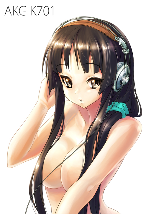 akg black_hair breasts bust censor_hair censored convenient_censoring female female_only hair_over_breasts headphones human human_only k-on! large_breasts long_hair mio_akiyama_(k-on!) nekomamire nude solo topless