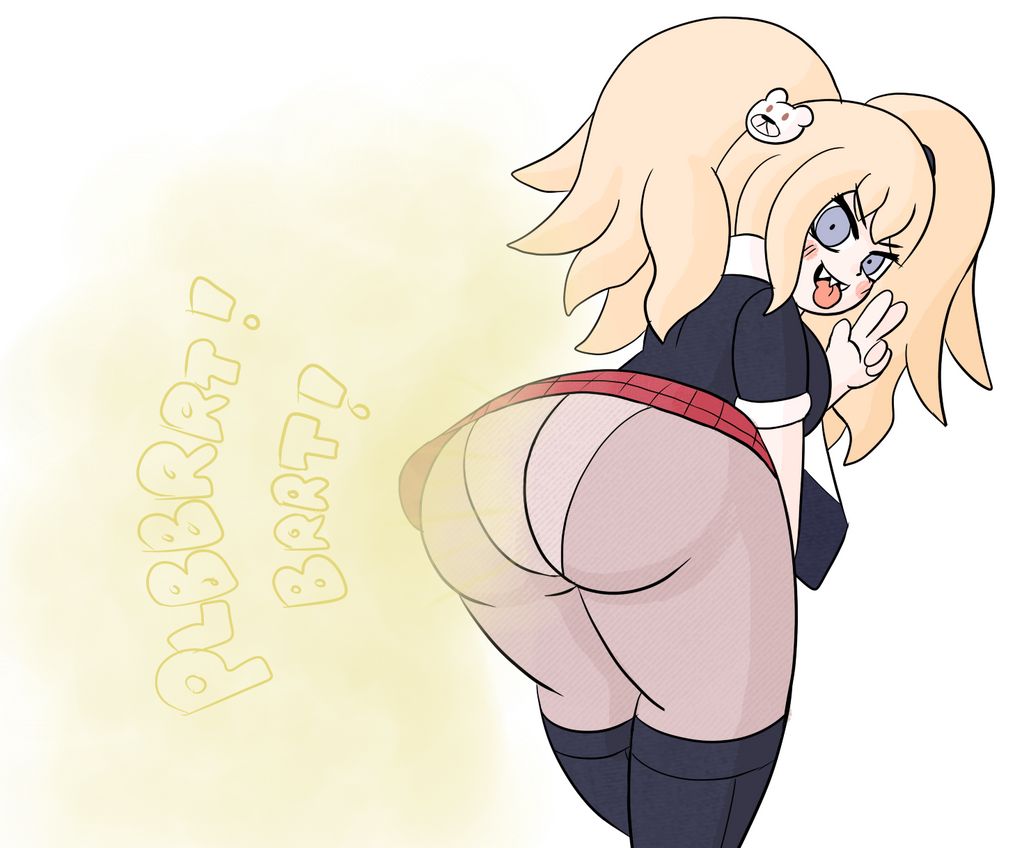 1girls, ass, big ass, big butt, bubble ass, bubble butt, danganronpa, drawful-s, fart, female, junko enoshima, panties, rear view, skirt, straight hair, thick thighs, upskirt