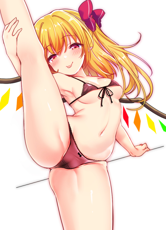 1girls bare_arms bare_legs bare_shoulders blonde_hair blush bow bow_panties bra breasts cameltoe flandre_scarlet flexible front-tie_top hairbow long_hair looking_at_viewer navel panties pointy_ears red_bow red_bra red_eyes red_panties rimu_(kingyo_origin) simple_background small_breasts smile solo splits standing standing_on_one_leg stomach tongue tongue_out touhou underwear underwear_only vertical_splits white_background wings