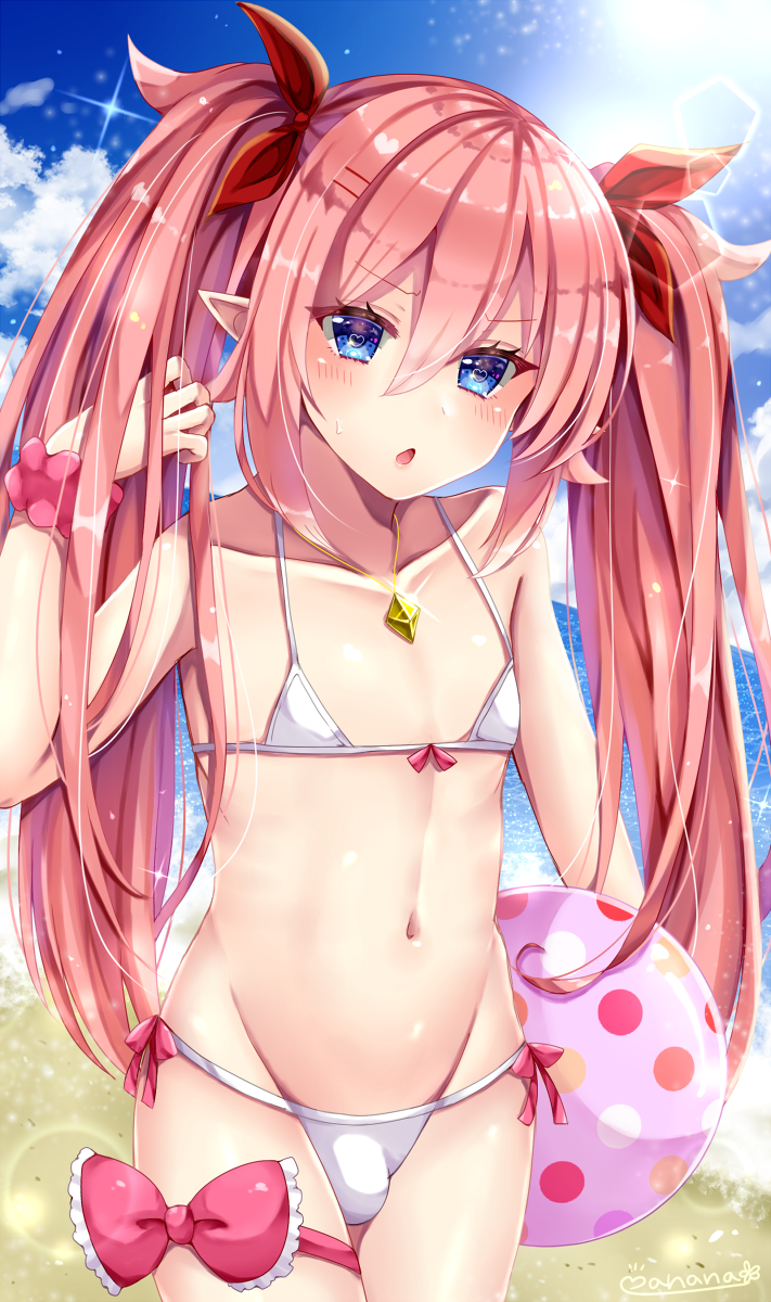 1boy bikini blush crossdressing femboy heart-shaped_pupils long_hair looking_at_viewer male male_only manana_(matoi1111) matoi-chan-kun penis penis_in_panties penis_under_clothes pink_hair solo standing trap twintails