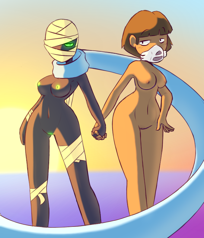 2girls areolae breasts dark_skin duo female female_only holding_hands human humanoid interlocked_fingers multiple_girls nekuzx nuclear_throne nude pussy rebel_(nuclear_throne) rogue_(nuclear_throne) tan