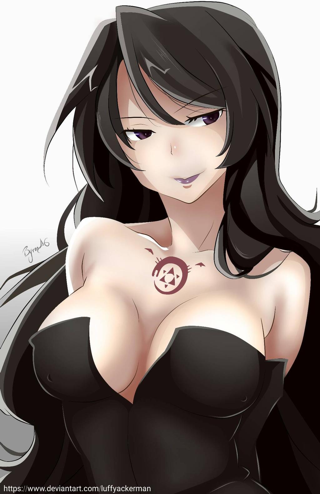 1girls, bare shoulders, black dress, black gloves, black hair, breasts, cleavage, collarbone, deviantart, dress, female, female only, fullmetal alchemist, gloves, homunculus, humanoid, large breasts, lips, lipstick, long hair, luffyackerman, lust (fullmetal alchemist), makeup, purple eyes, purple lipstick, seductive, signature, sleeveless, sleeveless dress, solo, strapless, strapless dress, tattoo, watermark, wavy hair, xayux