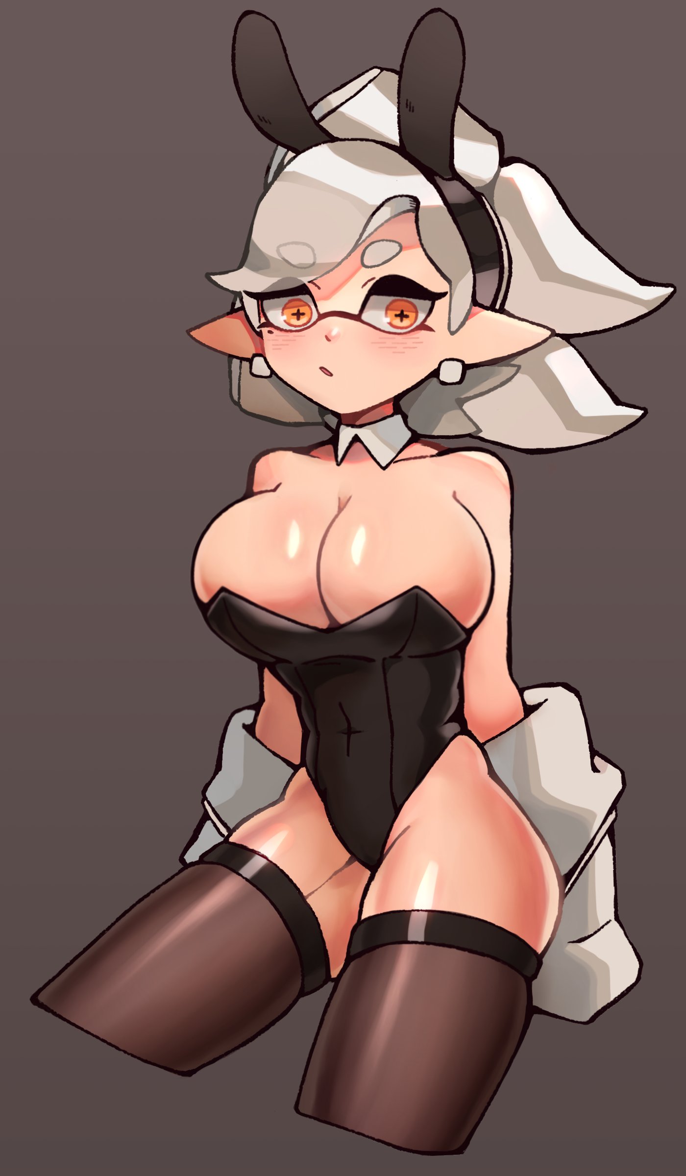1girls, 5 fingers, alternate breast size, alternate costume, bare shoulders, big breasts, black background, black corset, black stockings, blush, breasts, bunny ears, bunnysuit, collar, color, confusion, corset, dumbbabyjail, earrings, ears, eyebrows, eyebrows visible through hair, eyes, feet out of frame, female, female only, gloves, grey hair, hair, hair ornament, hairband, hands, humanoid, inkling, large breasts, large ears, legs, legwear, light skin, light-skinned female, marie (splatoon), mouth, mouth open, nintendo, nose, open mouth, playboy bunny, playboy bunny leotard, pointy ears, shoulders, silver hair, simple background, solo, solo female, solo focus, splatoon, stockings, tentacle, thick thighs, thighs, white gloves, yellow eyes