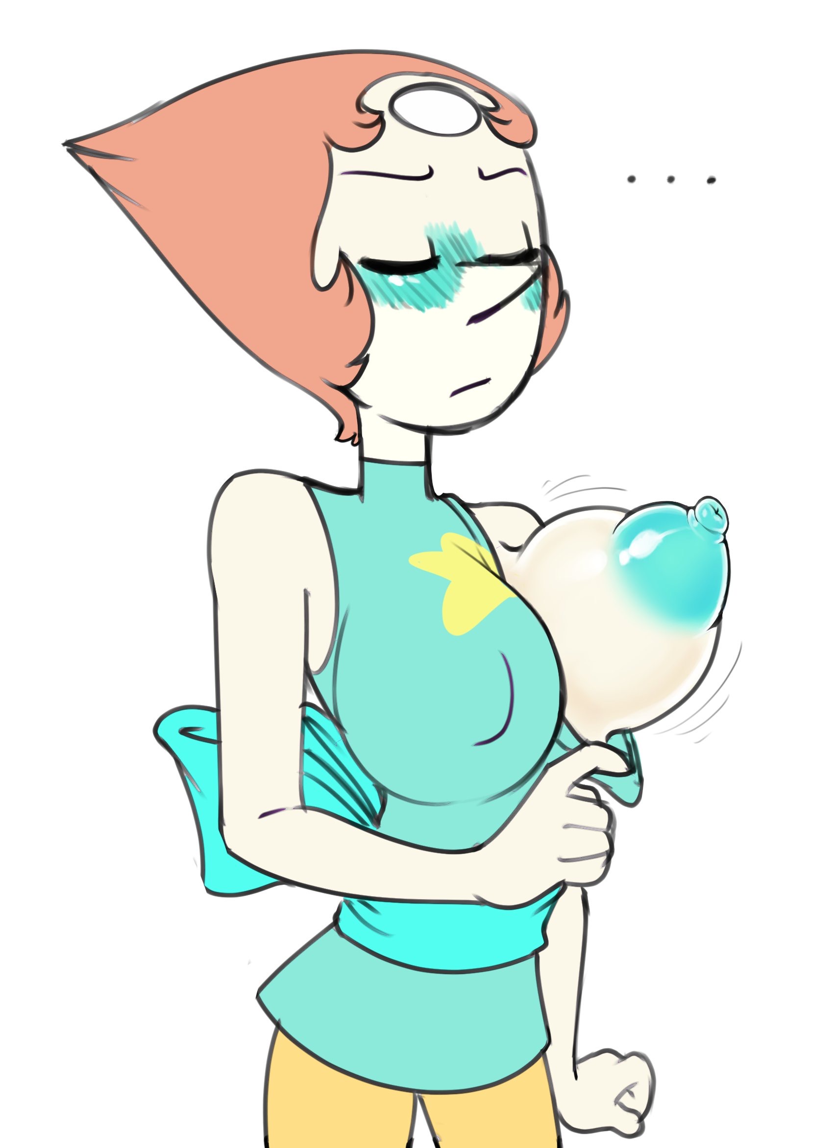 1girls, blush, breast out, breast outside, breasts, cartoon network, closed eyes, clothed, daredemon7000, female, female only, large areolae, large breasts, nipple bulge, nipples, pearl (steven universe), presenting, solo, solo female, steven universe, white background