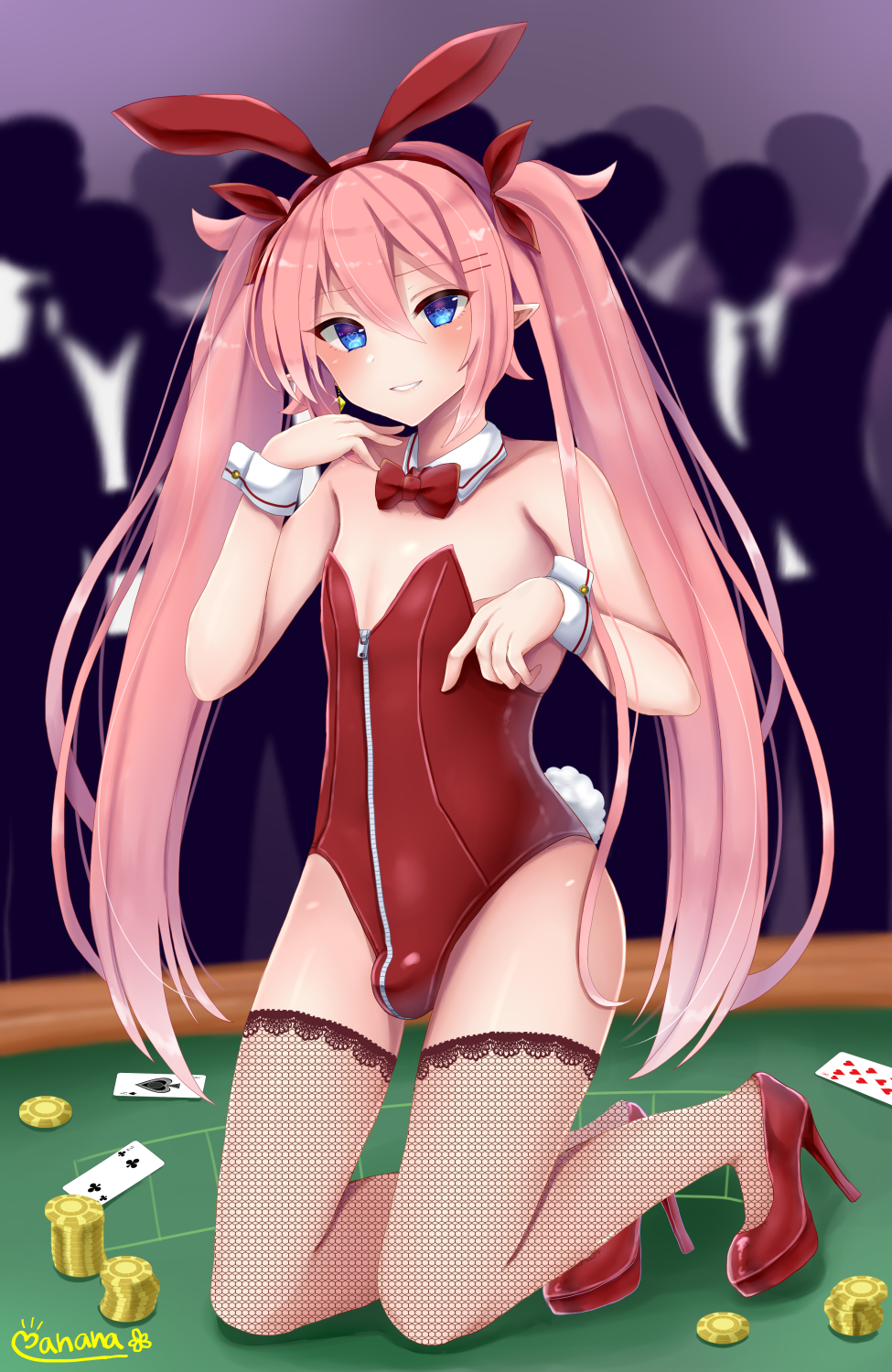 1boy bunnysuit crossdressing femboy heart-shaped_pupils high_heels kneeling long_hair looking_at_viewer male male_only manana_(matoi1111) matoi-chan-kun penis penis_under_clothes pink_hair solo_focus stockings trap twintails