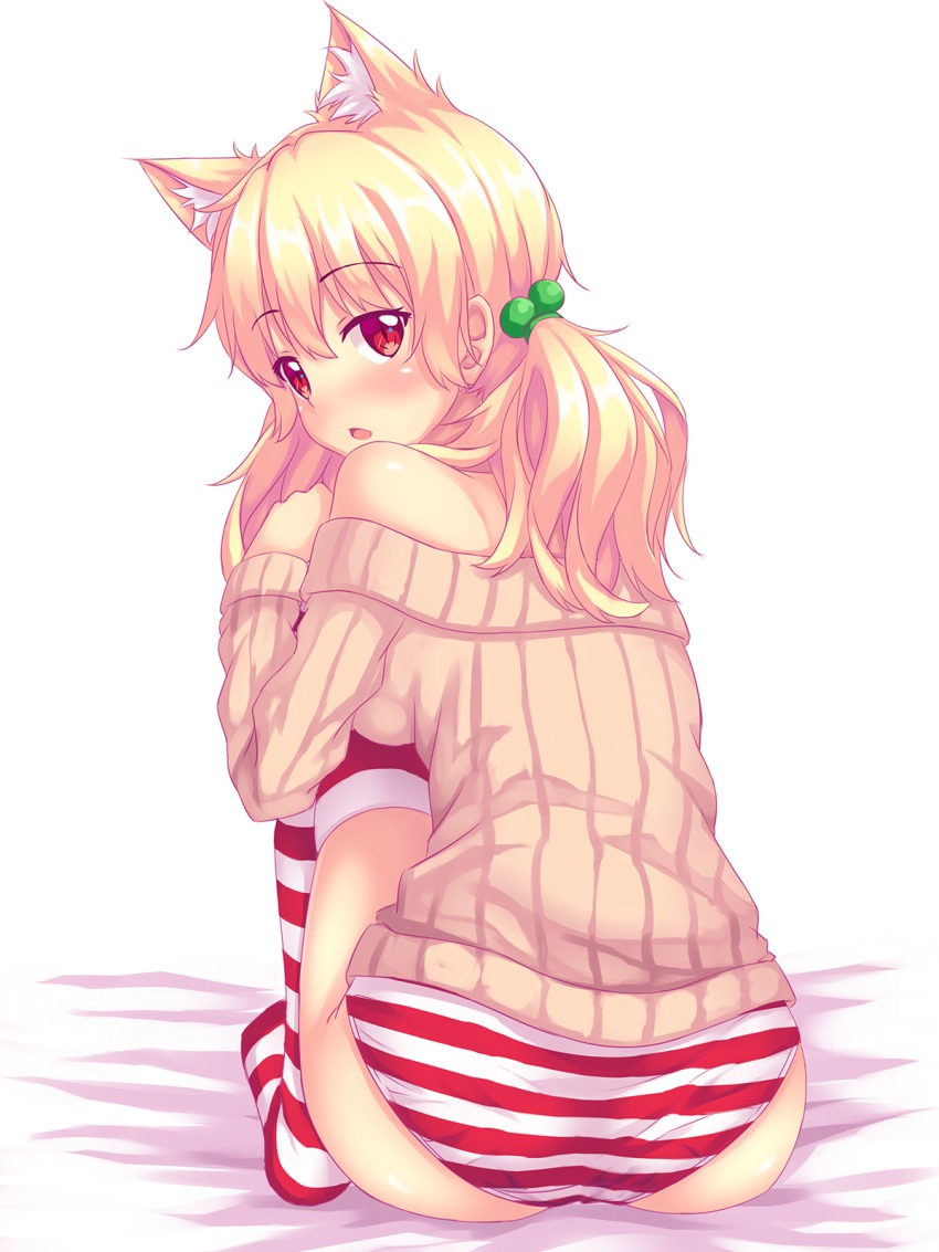 animal ears, ass, from behind, panties, sitting, striped legwear, striped panties, striped thighhighs, thighhighs, tiffy, tiffynyaa