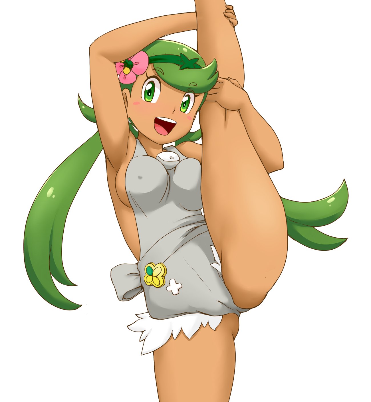 1girls armpits big_breasts breasts cameltoe eye_contact female flower flower_in_hair green_eyes green_hair human leg_up looking_at_viewer mallow_(pokemon) nintendo pokemon pokemon_sm solo thick_thighs thighs tof twintails vertical_splits white_background