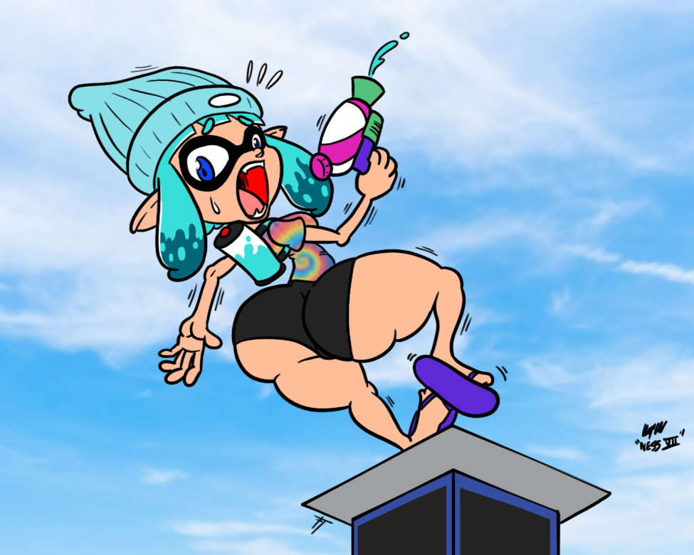 anthro ass blue_eyes booty_shorts cephalopod cephalopod_humanoid falling huge_ass humanoid inkling inkling_girl looking_back mask_(marking) nessvii nintendo pointy_ears sandals scared splatoon squid tentacle tentacle_hair