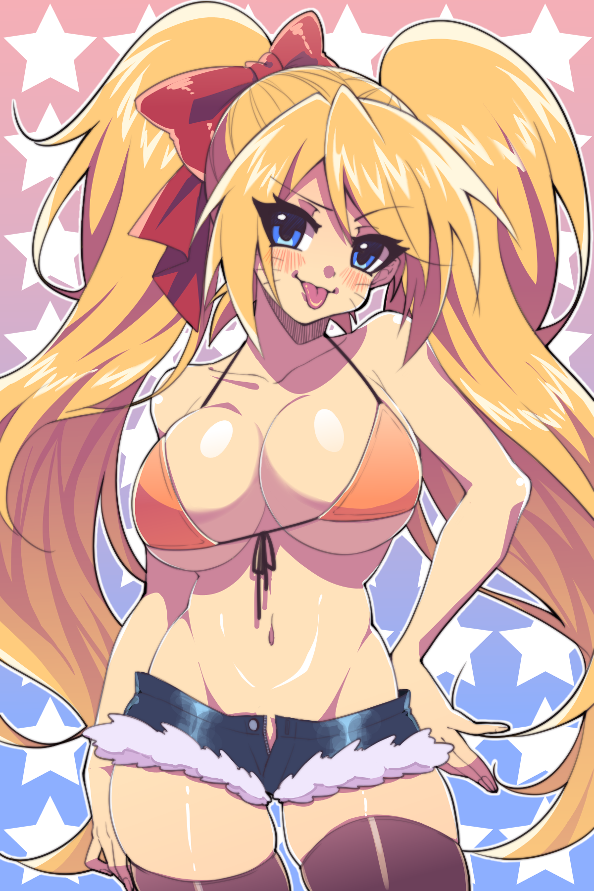 1girls, bare shoulders, bikini, bikini top, blonde hair, blue eyes, blush, breasts, canon genderswap, cleavage, collarbone, cowboy shot, denim, denim shorts, eyebrows visible through hair, female, female only, gender transformation, genderswap, genderswap (mtf), hair between eyes, hi res, large breasts, looking at viewer, naruko, naruto, naruto (series), no panties, open shorts, ribbon, rule 63, sexy no jutsu, short shorts, shorts, solo, swimsuit, thighhighs, tongue, tongue out, transformation, twintails, uzumaki naruto, wan nian da zha de r, whisker markings