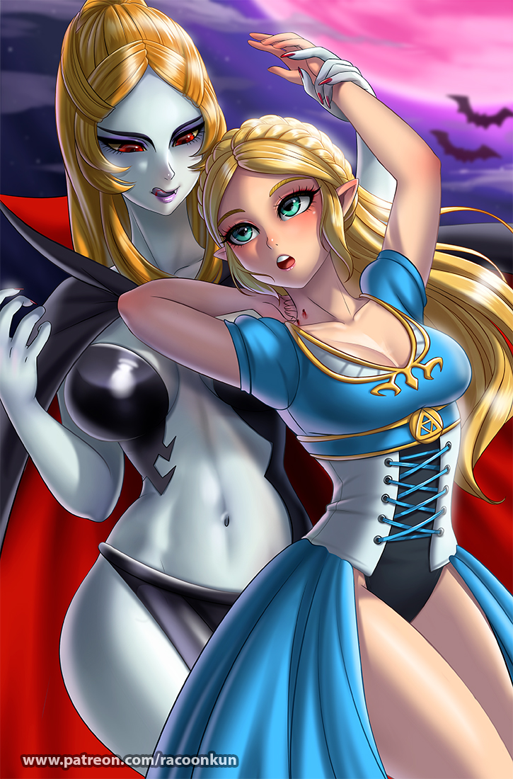 2girls bat bite blonde_hair blood clothed clothing corset demigoddess fangs female_only hylian midna nintendo princess_zelda racoonkun the_legend_of_zelda twili twili_midna twilight_princess vampire yuri zelda_(breath_of_the_wild)