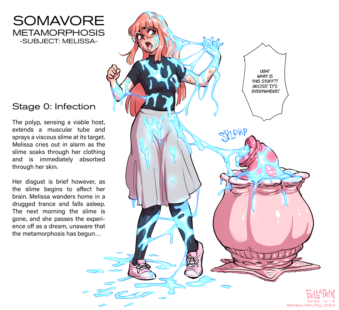 1girls, bimbo, bimbofication, clothed, clothing, covered in slime, english text, eyewear, fellatrix, female, female only, glasses, goo, long hair, pink hair, shoes, skirt, slime, sneakers, solo, solo female, somavore, text