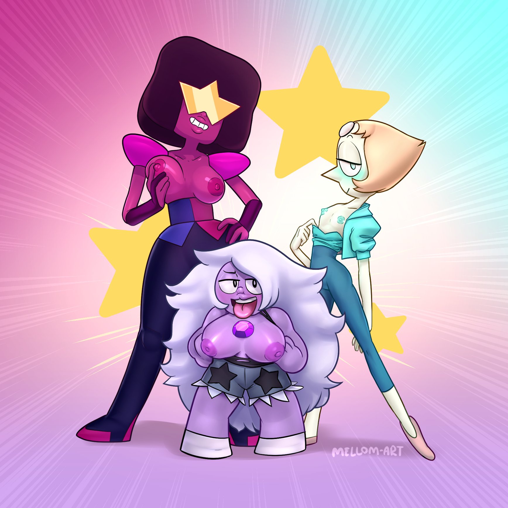 amethyst (steven universe), areolae, big breasts, blush, breasts, cartoon network, female, female only, flashing, flashing pussy, garnet (steven universe), gem (species), gem fusion, looking at viewer, mellom-art, nipples, pearl (steven universe), pinup, presenting, presenting breasts, pussy, shortstack, smaller female, smile, smirk, steven universe, tongue, tongue out