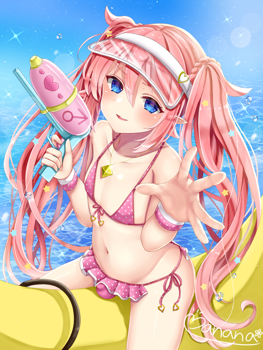 1boy bikini crossdressing femboy heart-shaped_pupils long_hair looking_at_viewer male male_only manana_(matoi1111) matoi-chan-kun penis penis_in_panties penis_under_clothes pink_hair sitting solo trap twintails