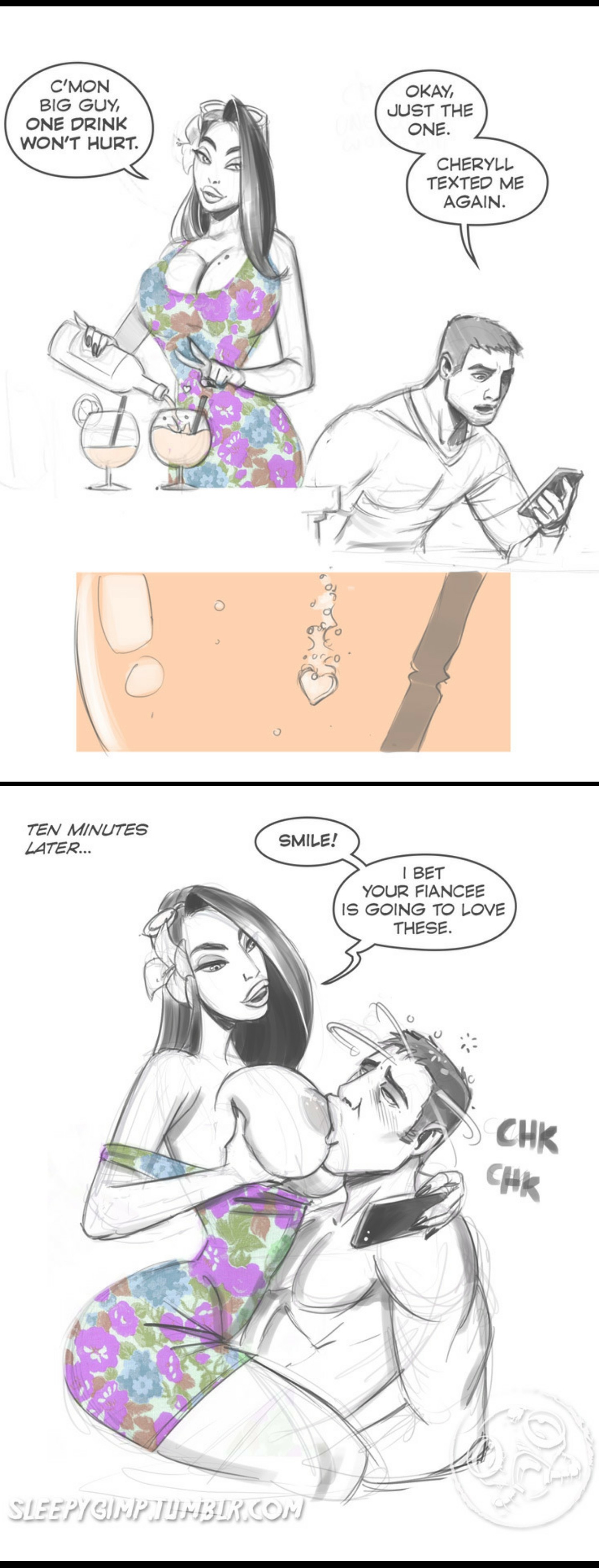 1boy, breasts, cellphone, dialogue, drink, drugged, evelina le fey, female, large breasts, male, selfie, sketch, sleepygimp, speech bubble, straight