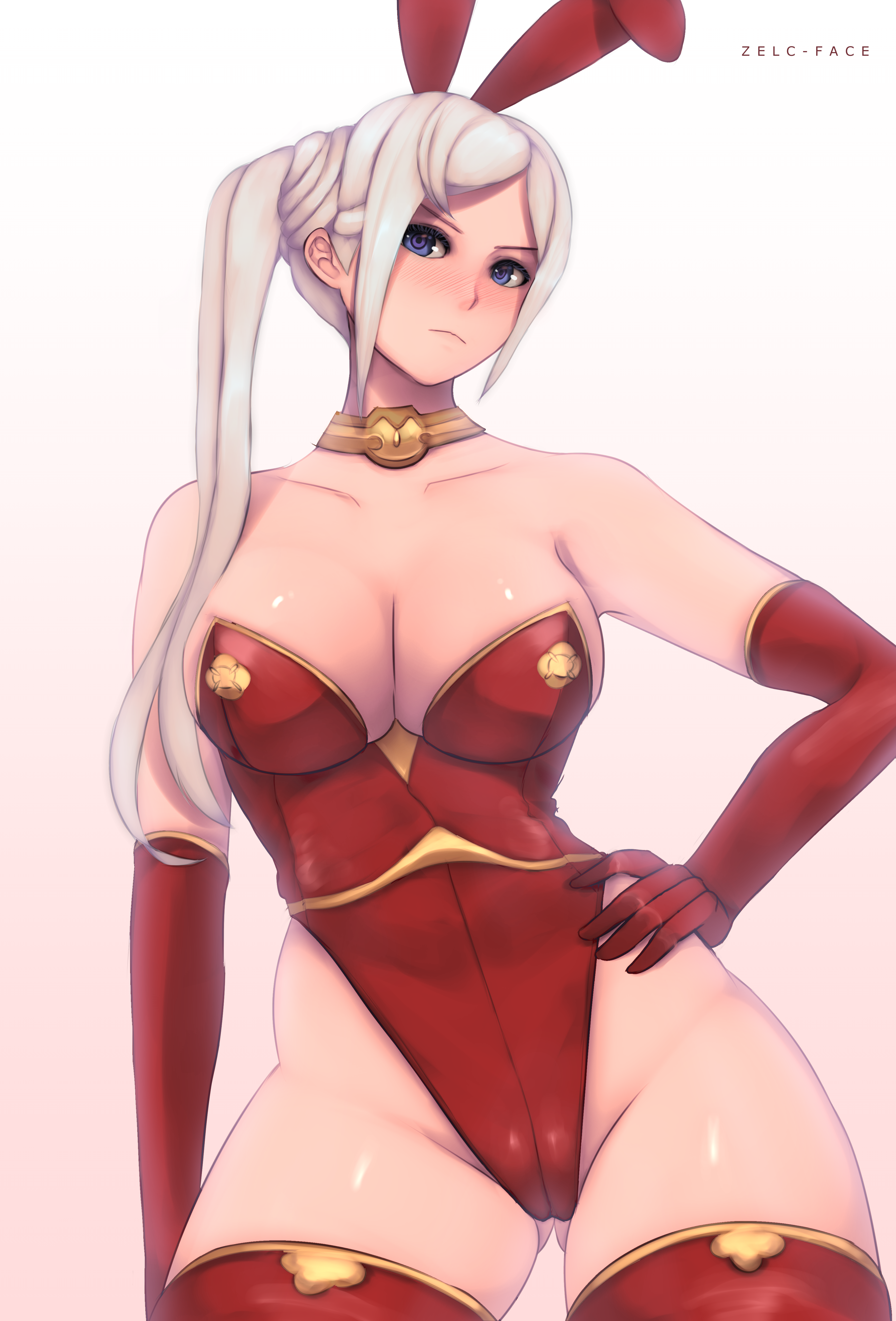 1girls, bare shoulders, bare thighs, blue eyes, blush, breasts, bunny ears, bunny girl, bunnysuit, cleavage, collarbone, edelgard von hresvelg, female, female only, fire emblem, fire emblem: three houses, hand on hip, large breasts, looking at viewer, nintendo, ponytail, post-timeskip, side ponytail, thighhighs, thighs, zelc-face