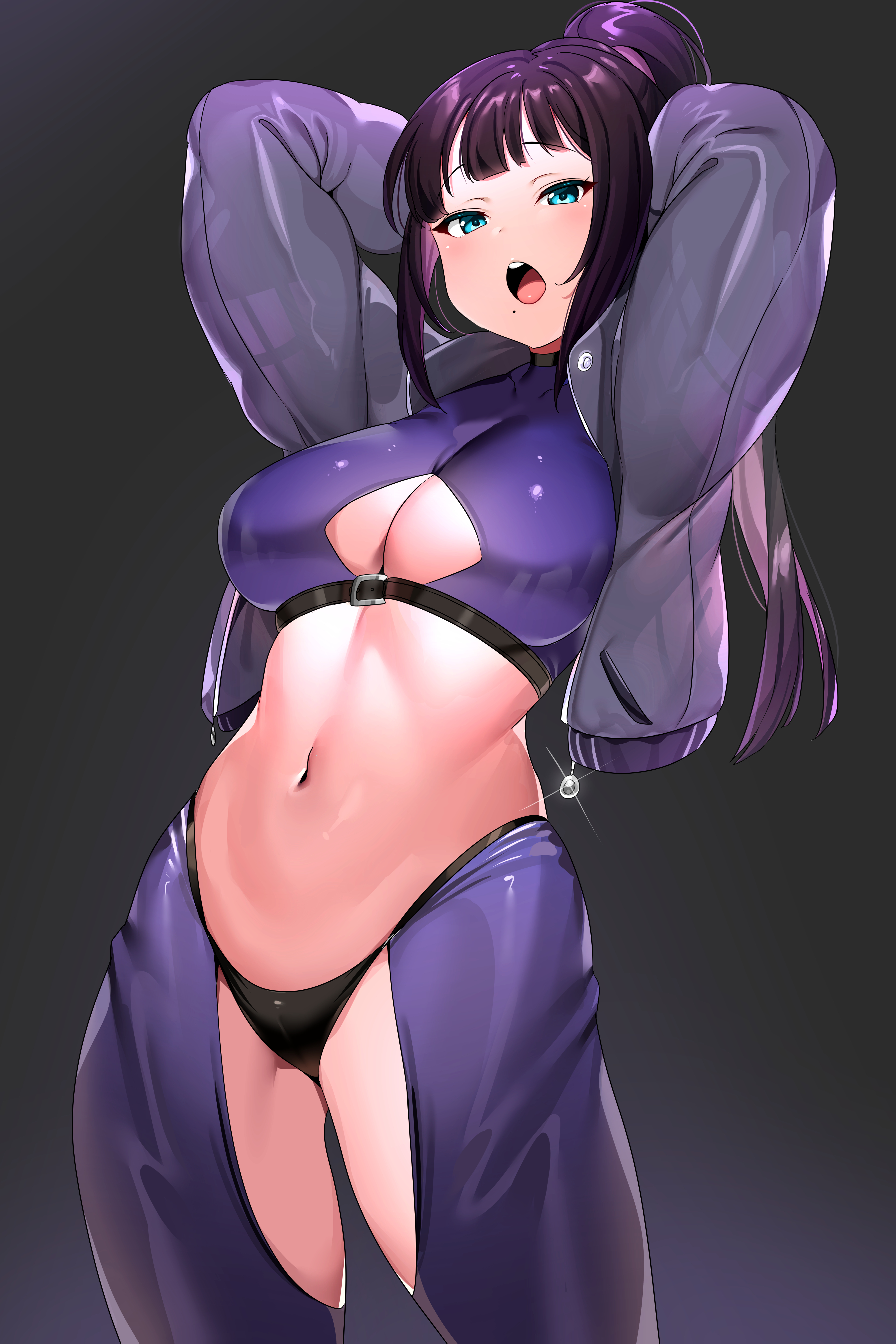 absurd res, arms up, big breasts, bikini, breasts, female, jacket, kurosawa dia, large breasts, love live!, love live! sunshine!!, patreon reward, tem10, thick thighs