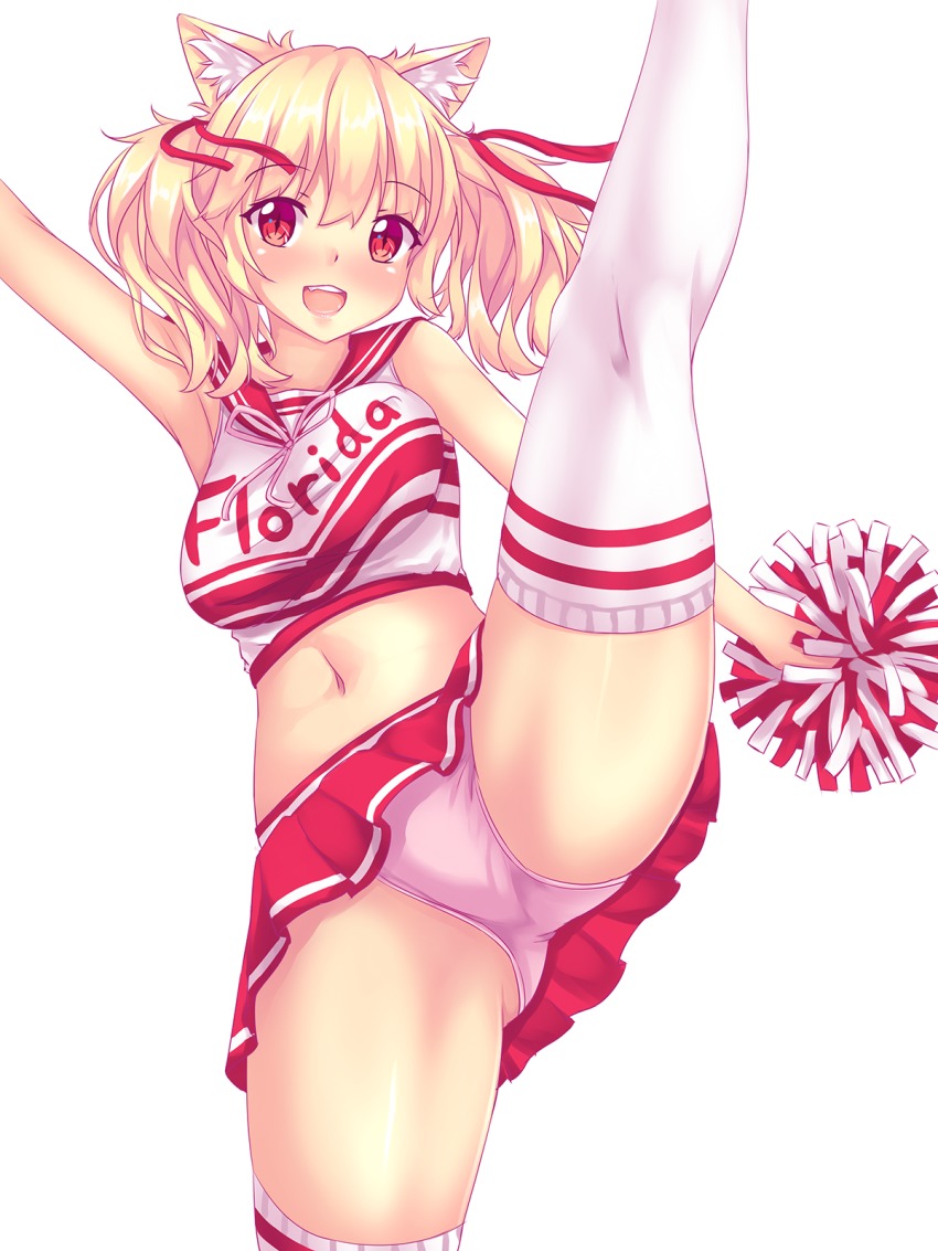 animal ears, cheerleader, leg up, legs up, miniskirt, panties, pink panties, pom poms, skirt, thighhighs, tiffy, tiffynyaa