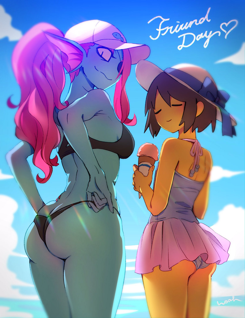 2020 2girls anthro ass big_ass bikini bikini_top black_bikini black_clothing black_swimsuit blue_body blue_skin bottomwear bow bra brown_hair closed_eyes clothed clothing curvy_figure dessert duo eye_patch eyewear female fin fish frisk hair_over_eye hat head_fin headgear headwear hi_res highres hood human ice_cream looking_at_viewer looking_back mammal marine noaharbre one_eye_obstructed panties pink_clothing red_hair skirt sky smile swimwear text undertale underwear undyne video_games yellow_body yellow_eyes yellow_skin