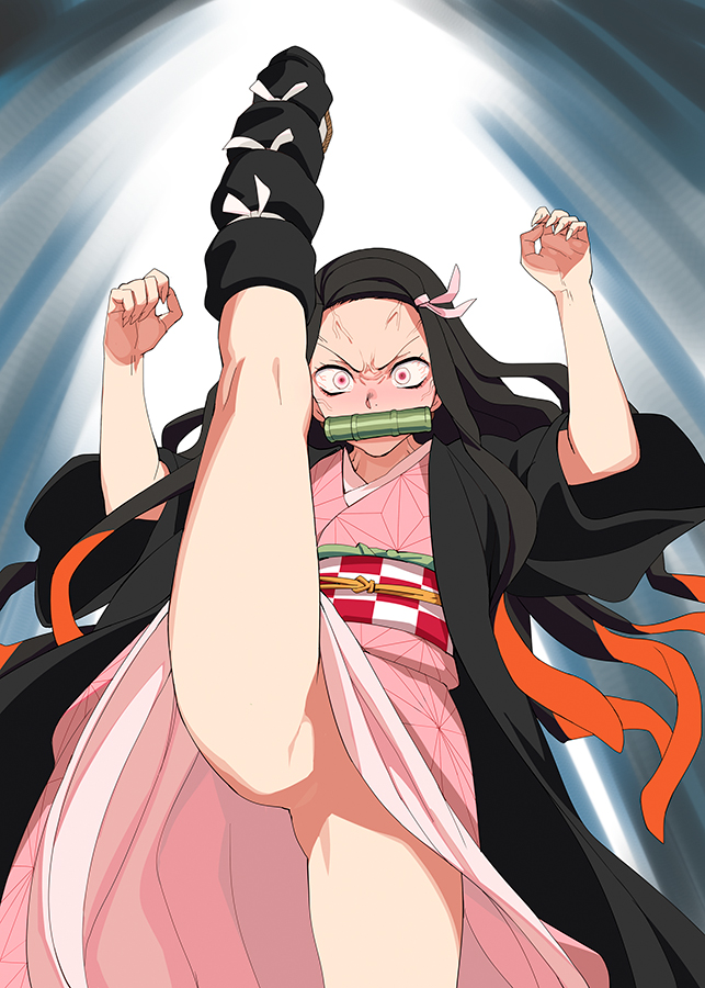 a1 bamboo bit_gag black_hair commentary demon_slayer female forehead gag hair_ribbon haori high_kick japanese_clothes kamado_nezuko kicking kimetsu_no_yaiba kimono long_hair long_sleeves looking_at_viewer mouth_hold multicolored_hair obi pink_eyes pink_kimono pink_ribbon ribbon solo splits standing standing_on_one_leg vertical_splits very_long_hair