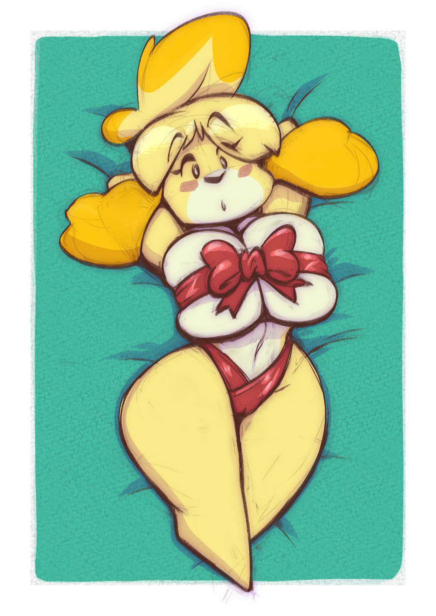 2018, animal crossing, anthro, barefoot, bed, big breasts, bikini, biped, bird's-eye view, blush, breasts, cameltoe, canid, canine, canis, clothing, curvy figure, digital media (artwork), domestic dog, female, fur, furniture, gift wrapped, hair, hands behind head, hi res, high-angle view, huge breasts, isabelle (animal crossing), joelasko, looking at viewer, lying, mammal, nintendo, on back, open mouth, pussy, ribbons, rough sketch, shih tzu, shortstack, solo, swimwear, thick thighs, toy dog, video games, voluptuous, wide hips, yellow body, yellow fur