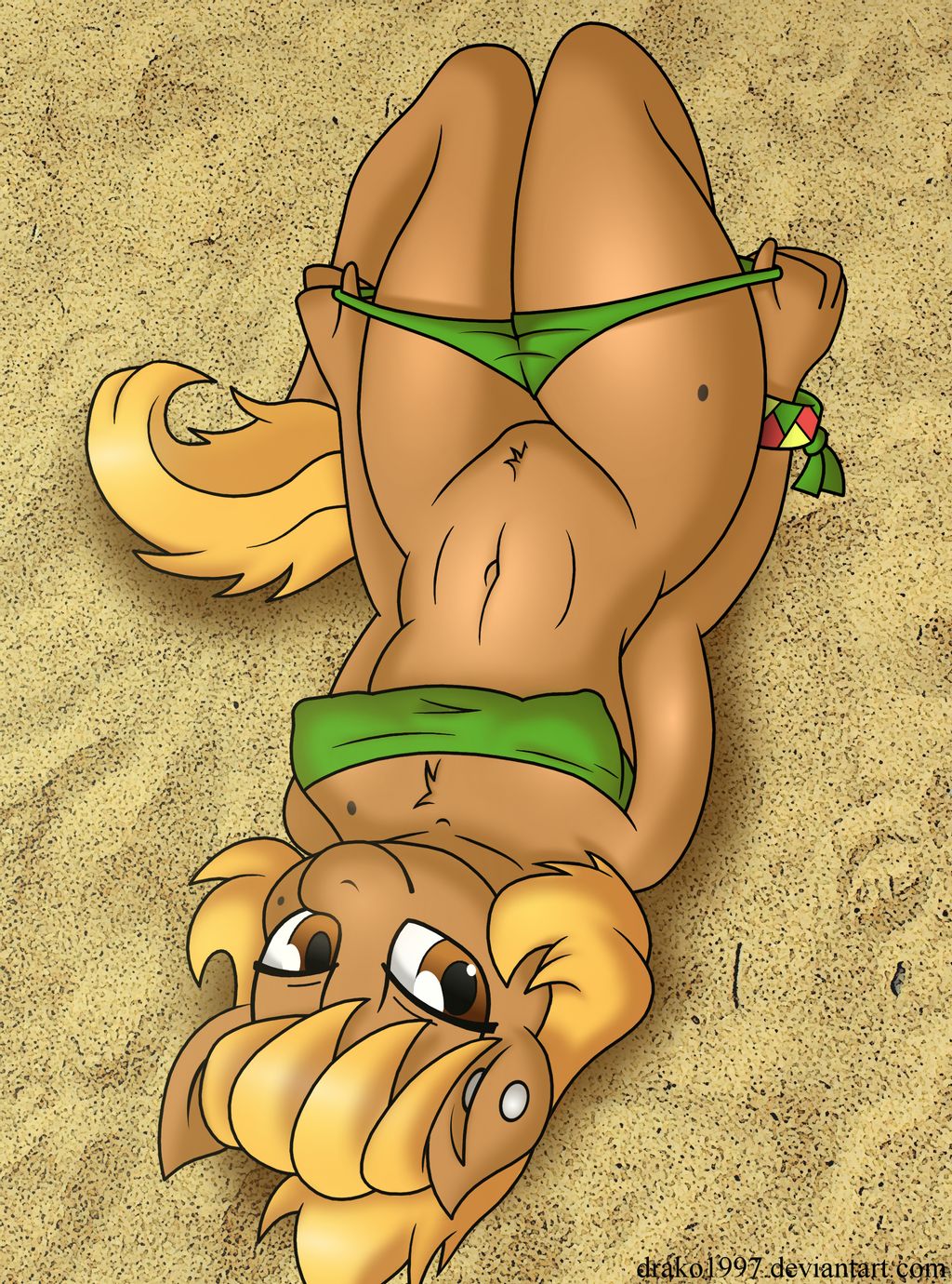 anthro beach_ball_(character) bedroom_eyes better_version_at_source biped blonde_hair breasts brown_body brown_eyes brown_fur clothing digital_media_(artwork) drako1997 earth_pony equid equine fan_character female friendship_is_magic fur hair half-closed_eyes hasbro hi_res horse long_hair looking_at_viewer lying mammal my_little_pony narrowed_eyes navel nipple_outline original original_character panties panties_down pony presenting seductive smile solo swimwear underwear underwear_down undressing