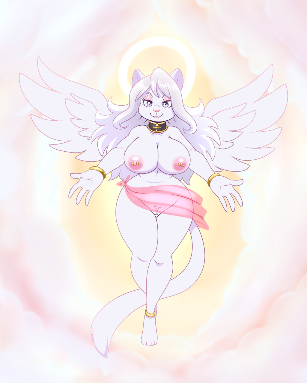 2020 4:5 angel anthro areola breasts domestic_cat felid feline felis female fur genitals hair half-closed_eyes halo hi_res lonbluewolf looking_at_viewer mammal narrowed_eyes nipple_piercing nipples piercing pubes pussy seraphi_metriel silver_eyes solo soulblader white_body white_fur white_hair wings