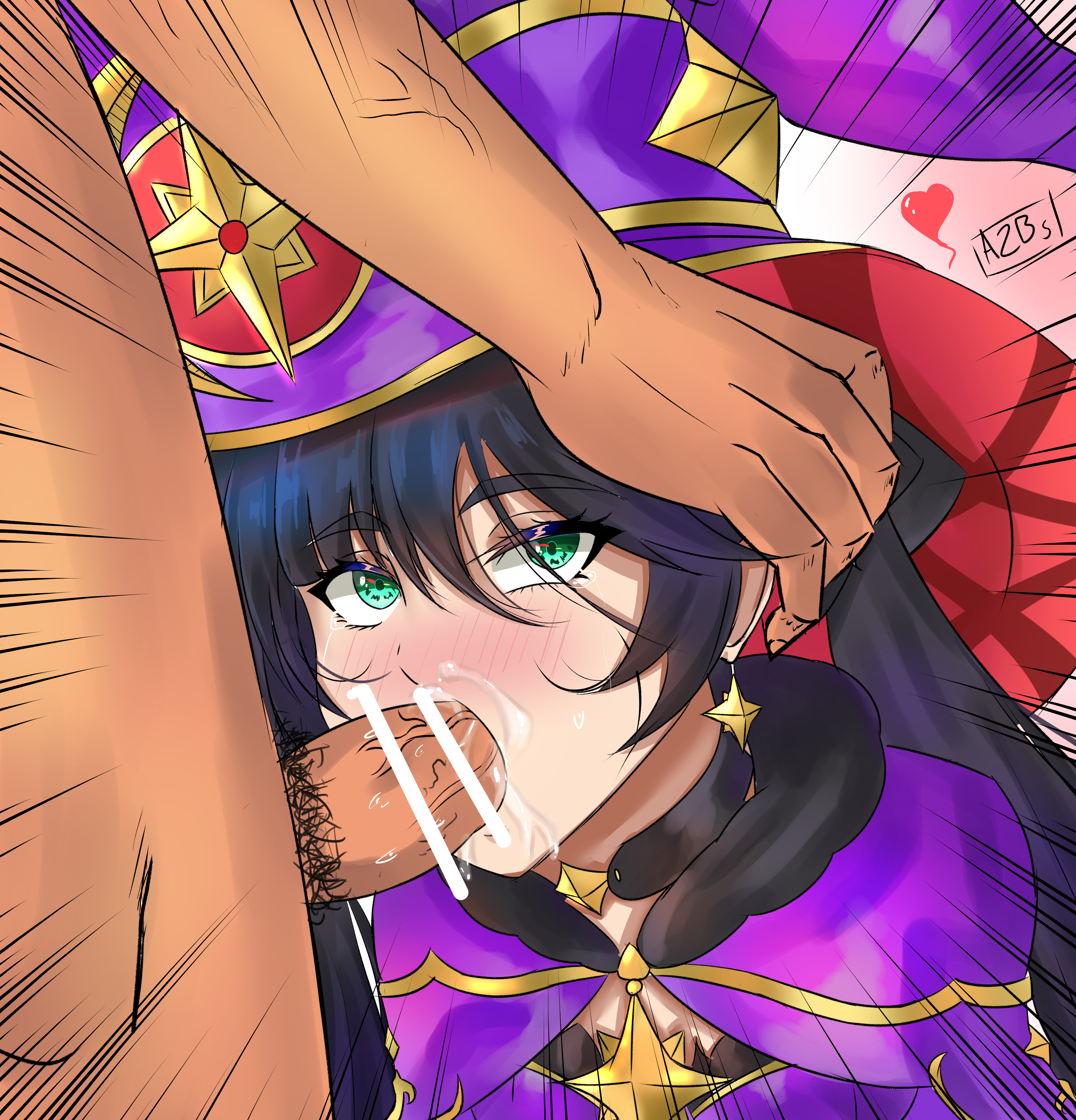 a2bs, absurd res, bar censor, black hair, blowjob, blush, censored, cum, cum in mouth, cum inside, eyebrows visible through hair, fellatio, female, genshin impact, green eyes, heart, highres, male, mona (genshin impact), motion lines, oral, penis, pubic hair, straight, tagme, witch hat