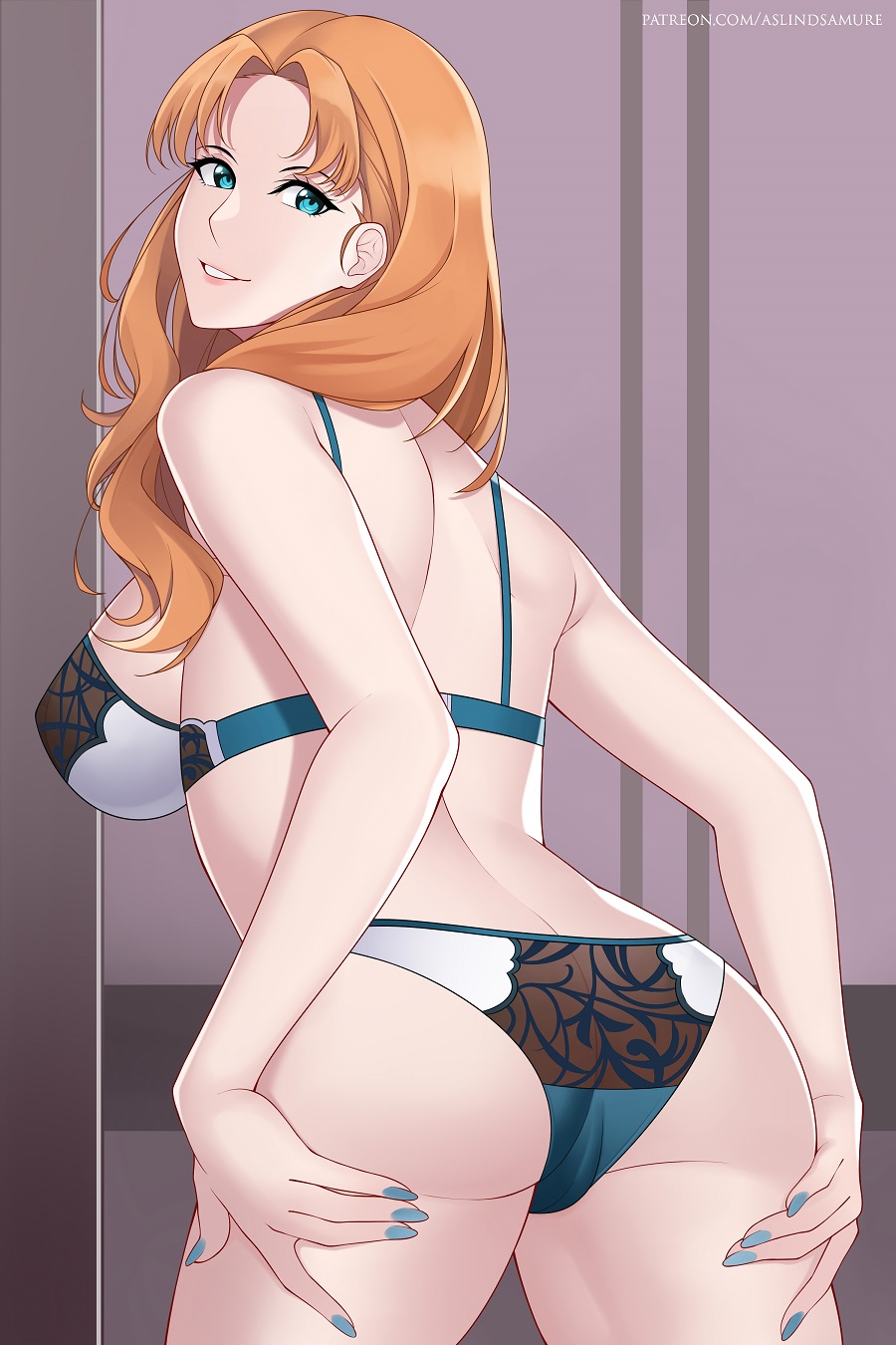 1girls, annette fantine dominic, aslindsamure, ass, back, back view, big ass, blue nails, breasts, female, female focus, female only, fire emblem, fire emblem: three houses, large ass, large breasts, long hair, looking at viewer, mature female, nintendo, post-timeskip, see-through, solo
