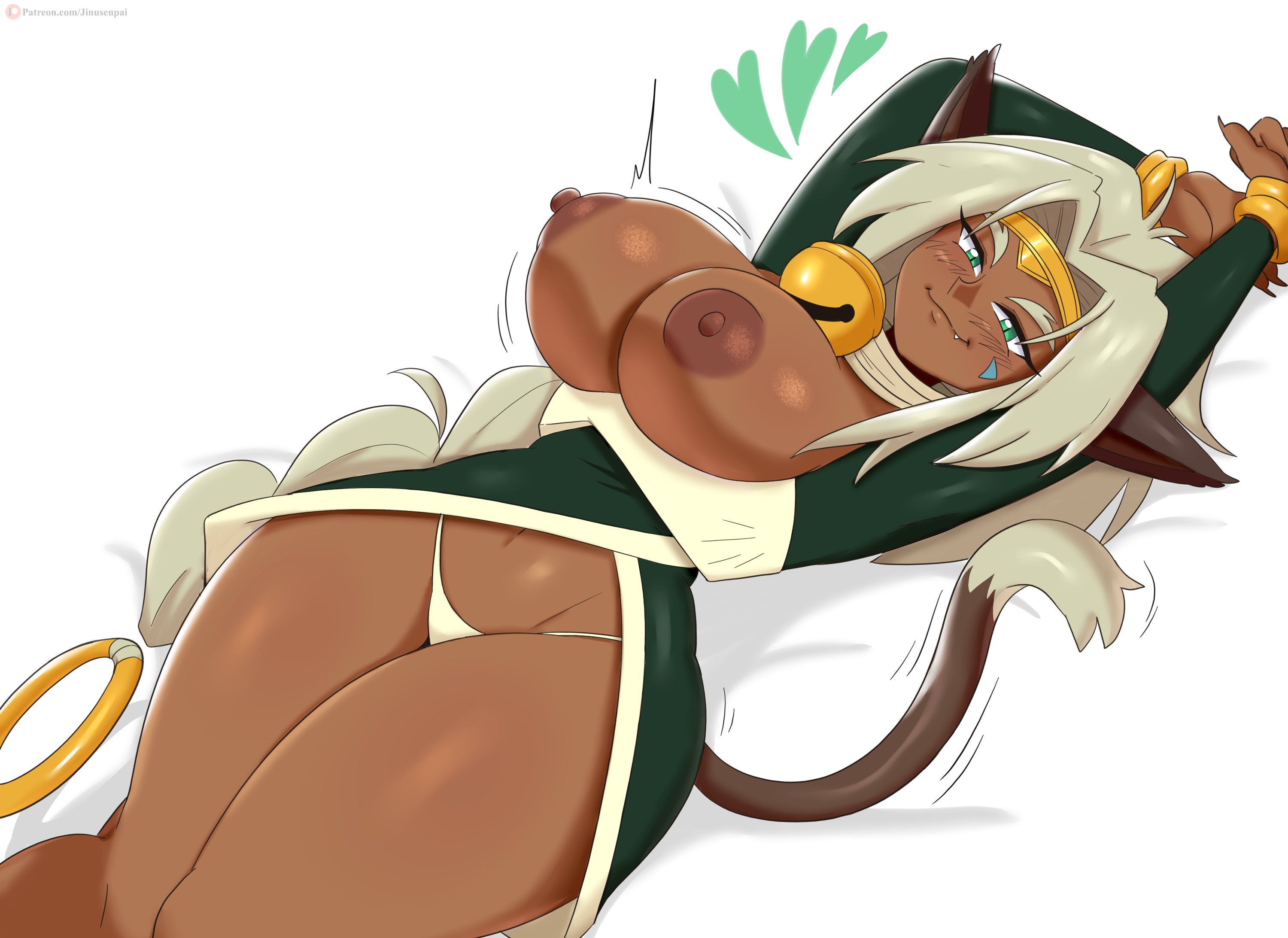 1girls, aisha clanclan, animal ears, areolae, big breasts, breasts, circlet, curvy, dark skin, dark-skinned female, female, female only, humanoid, jinu, large breasts, long hair, looking at viewer, nipples, outlaw star, panties, solo, thick thighs, voluptuous, white hair, wide hips
