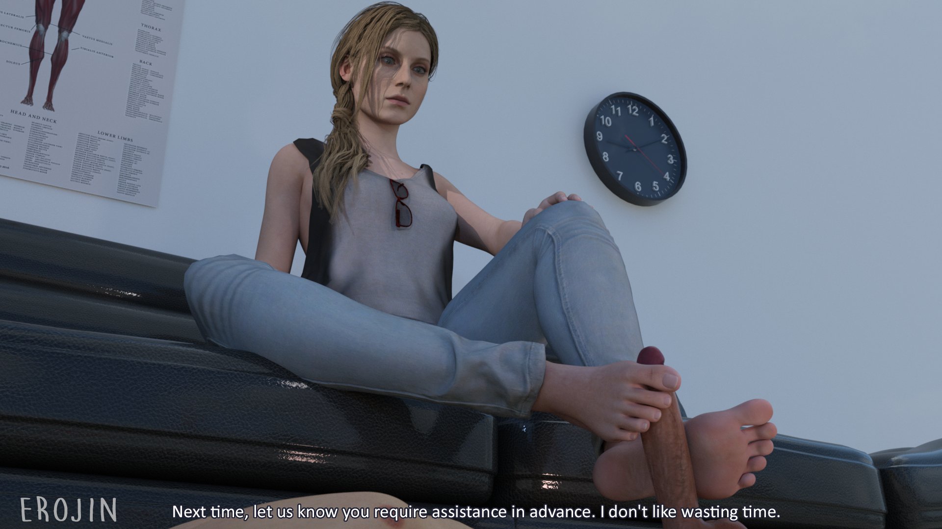 1boy, 1girls, 3d, annette birkin, barefoot, blonde female, erection, erojin, feet, female, female focus, femdom, footjob, male, milf, mother, penis, resident evil, resident evil 2, resident evil 2 remake, straight, text, toes, two-footed footjob