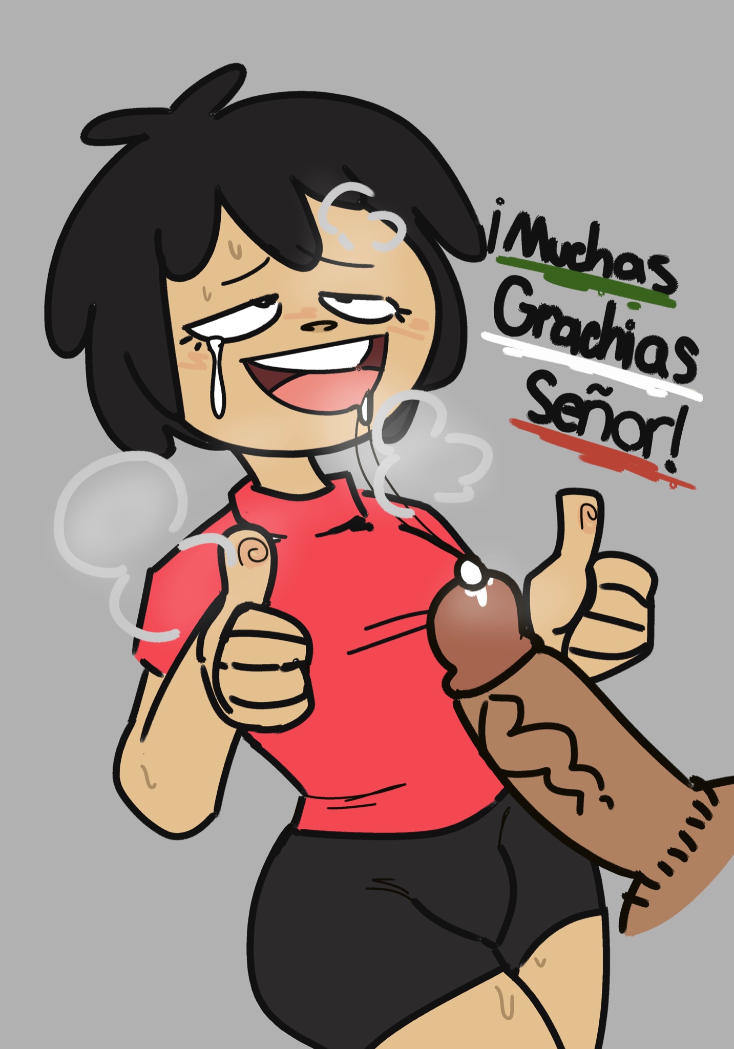 a-gal, after fellatio, agal1502, ammy (a-gal), balls, big penis, black hair, breasts, clothed, clothing, cum, cum in mouth, cum inside, cum string, dark skin, dark-skinned female, dark-skinned male, dialogue, fellatio, female, latina, male, mexican, mouth, open mouth, penis, slobbyslapper, spanish text, sssir, sssir8, straight, text, thumbs up, tongue, veiny penis