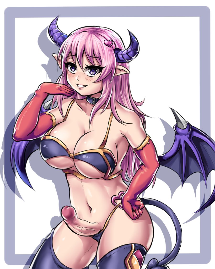 1futa 2019 bat_wings bikini_armor black_legwear blush breasts choker demon_tail elbow_gloves futa_sans_balls futanari gloves hair_ornament hand_on_hip head_wings heart heart_hair_ornament highleg highleg_bikini horns leonart lilith_(rabi-ribi) long_hair looking_at_viewer penis pink_hair purple_eyes rabi-ribi red_gloves smile solo solo_futa spikes succubus tail thighhighs wings