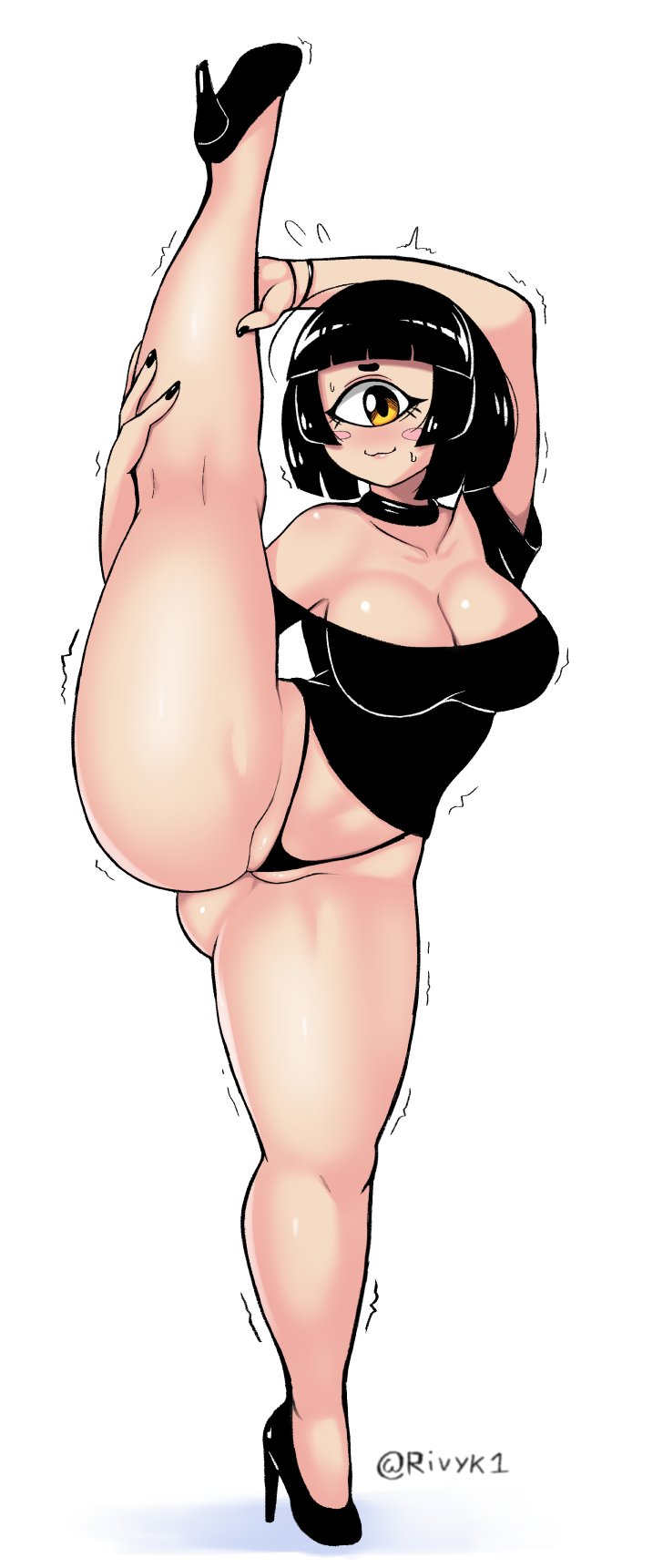 1girls :3 artist_name artist_on_twitter athletic_female balancing bangs big_breasts black_crop_top black_panties blush breasts busty cameltoe cleavage cute cute_face cyclops eileen_(rivyk) female female_only goth gothic high_heels horny large_breasts looking_at_viewer mature_female monster monster_girl motion_lines one_eye one_leg_up posing rivyk simple_background solo spread_legs stacked_lady standing stretched_pussy stretching suggestive thick_calves thick_thighs voluptuous white_background