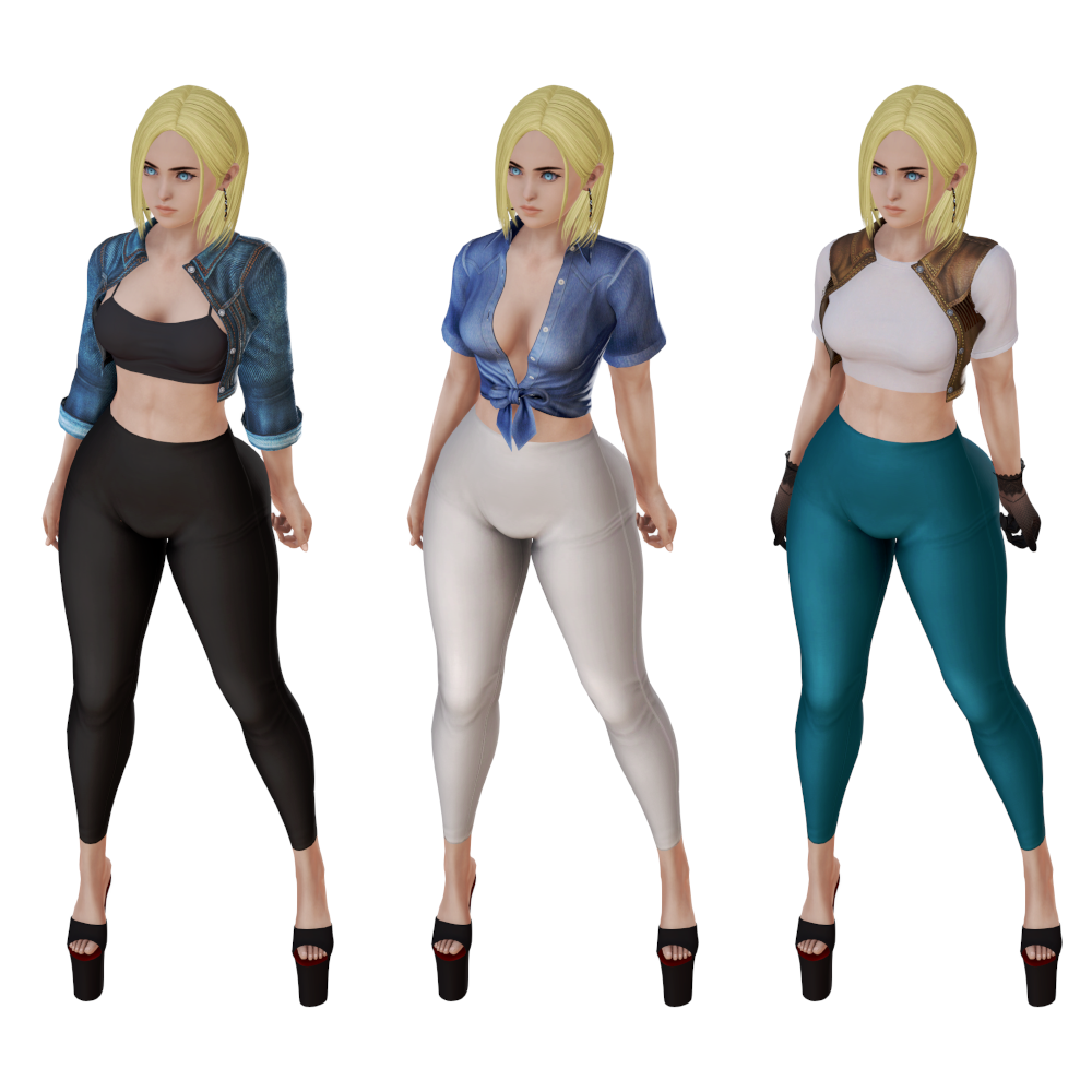 1girls 3d android android_18 armpit_hair bimbo blonde blonde_hair blue_eyes dragon_ball dragon_ball_z earrings female female_only fully_clothed gloves high_heels ihateasuka leggings platform_footwear platform_heels platform_shoes robot_girl sci-fi science_fiction scifi simple_background skintight solo solo_female tights