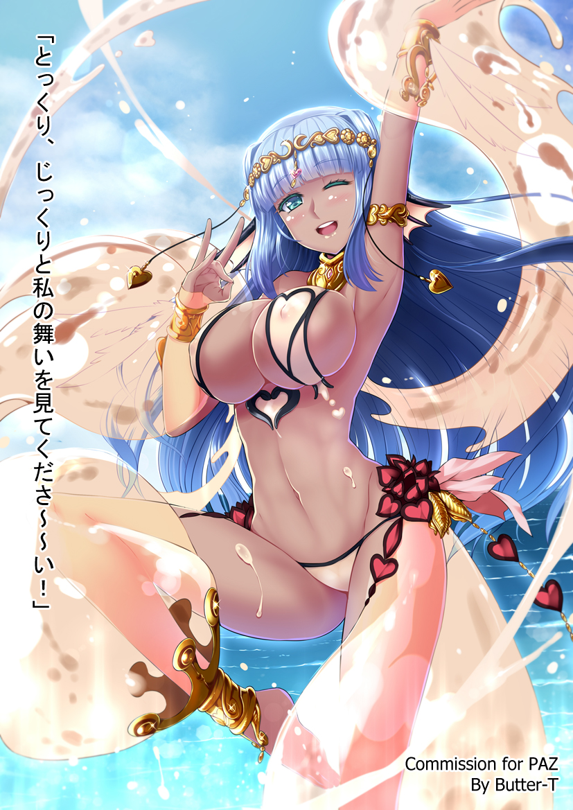 1girls anklet apsara_(monster_girl_encyclopedia) arabian_clothes armlet belly belly_dancer belly_dancer_outfit blue_hair butter-t circlet dancer dancer_outfit dancing dark-skinned_female dark_skin erect_nipples female harem_girl harem_outfit harem_pants head_fin head_fins japanese_text jewelry large_breasts long_hair looking_at_viewer monster_girl_encyclopedia navel nipples_visible_through_clothing