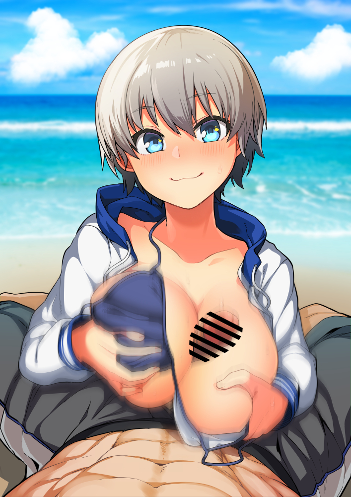 1boy bar_censor beach bikini blue_eyes blue_sky blush breasts censored closed_mouth cloud collarbone day eyebrows_visible_through_hair female grey_hair jacket large_breasts long_sleeves looking_at_viewer motion_blur ocean outdoors paizuri penis sakurai_shinichi short_hair sky smile solo_focus straight swimsuit tsukinami_kousuke upper_body uzaki-chan_wa_asobitai! uzaki_hana white_jacket