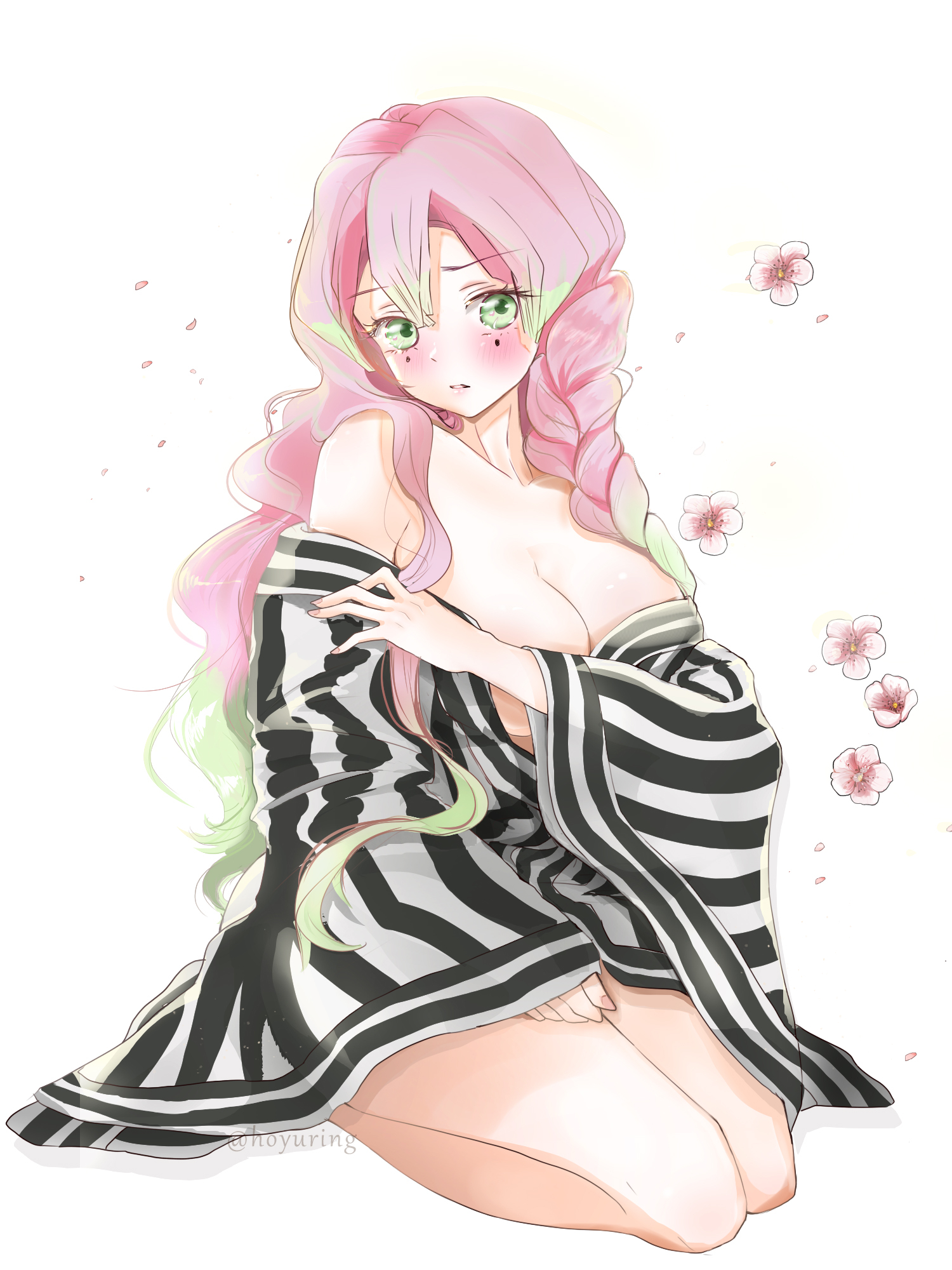 1girls, big breasts, blush, braid, breasts, cleavage, demon slayer, female, female only, green eyes, haori, hoyuring, kanroji mitsuri, kimetsu no yaiba, long hair, mole under eye, off shoulder, partially clothed, pink hair, pink-haired female, seiza, shy, sitting, solo, two-tone hair, wearing others clothes